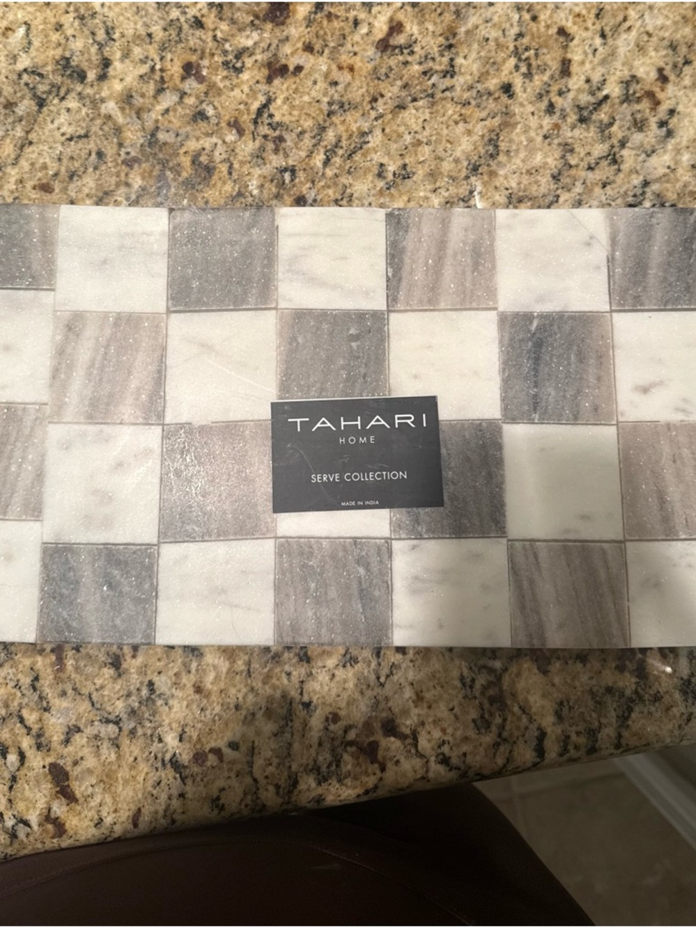 Tahari Marble Checker Serving Tray in Beige and White